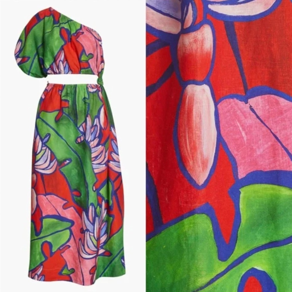 FARM RIO | Tropical Bunch One-Shoulder Open Waist Dress in Multi | Size M